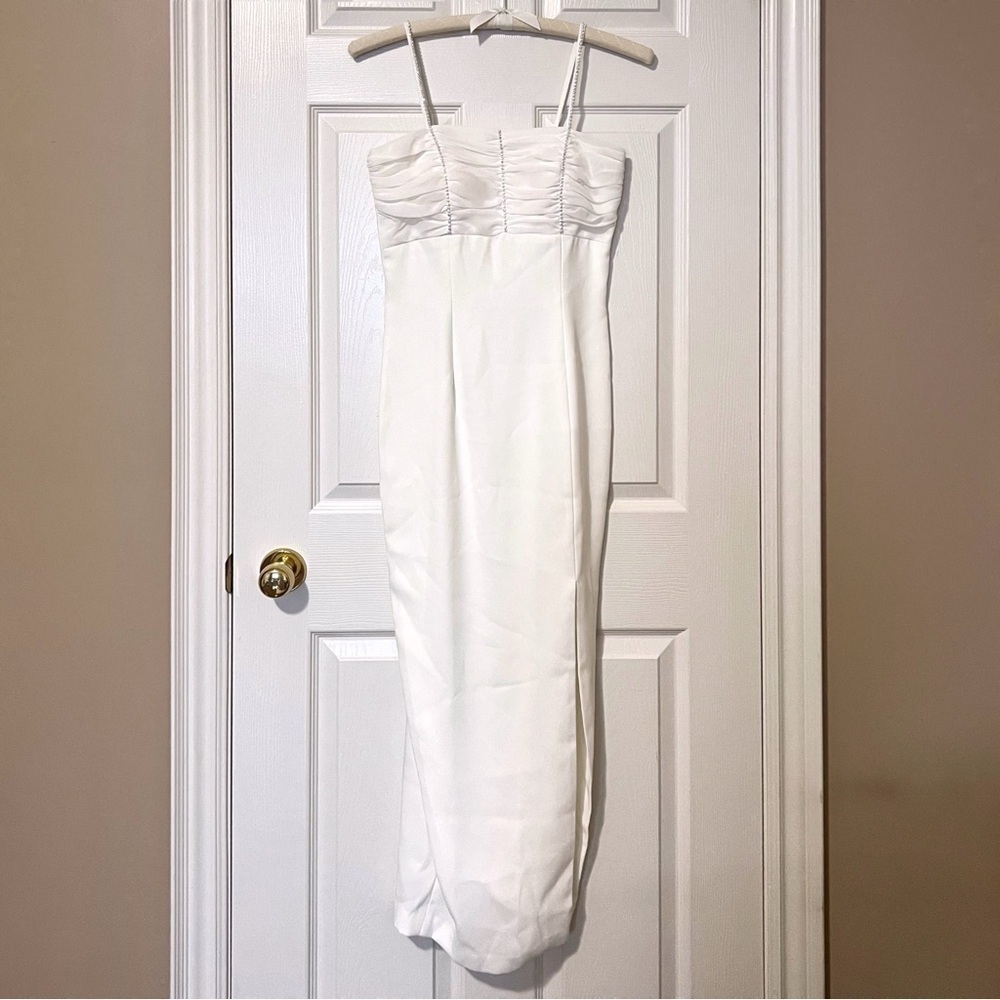 White Midi Ruched Jewelled Bust Long Formal Slit Cocktail Dress - Sz S